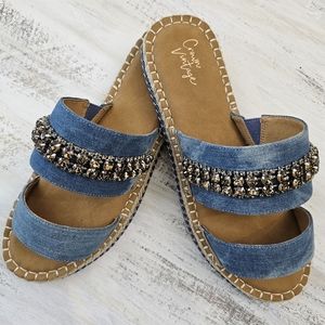 Nwob Crown Vintage Blue Denim Sandal Slides with Rhinestone Accent